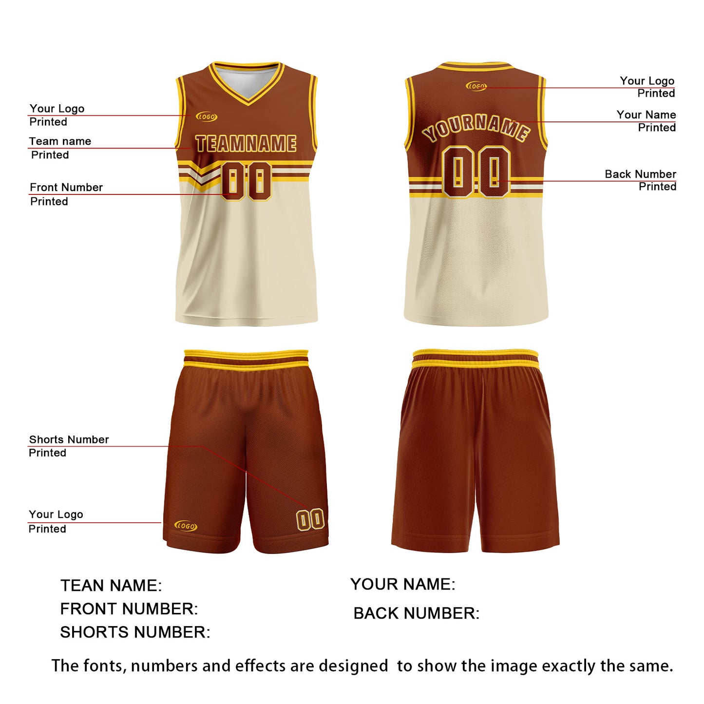 Custom Brown Beige Yellow Basketball Jersey Uniform Suit Printed Your Logo Name Number