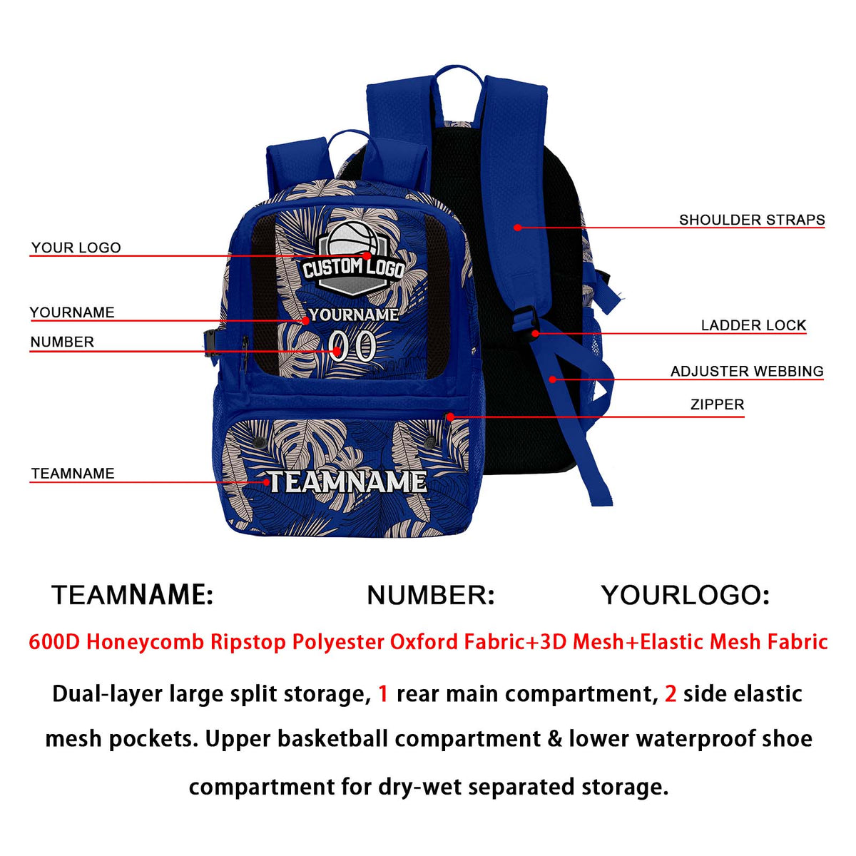 Custom Blue Basketball Soccer Backpack Personalized Player Names - Numbers & Team Logo #150-BP-0914-0008