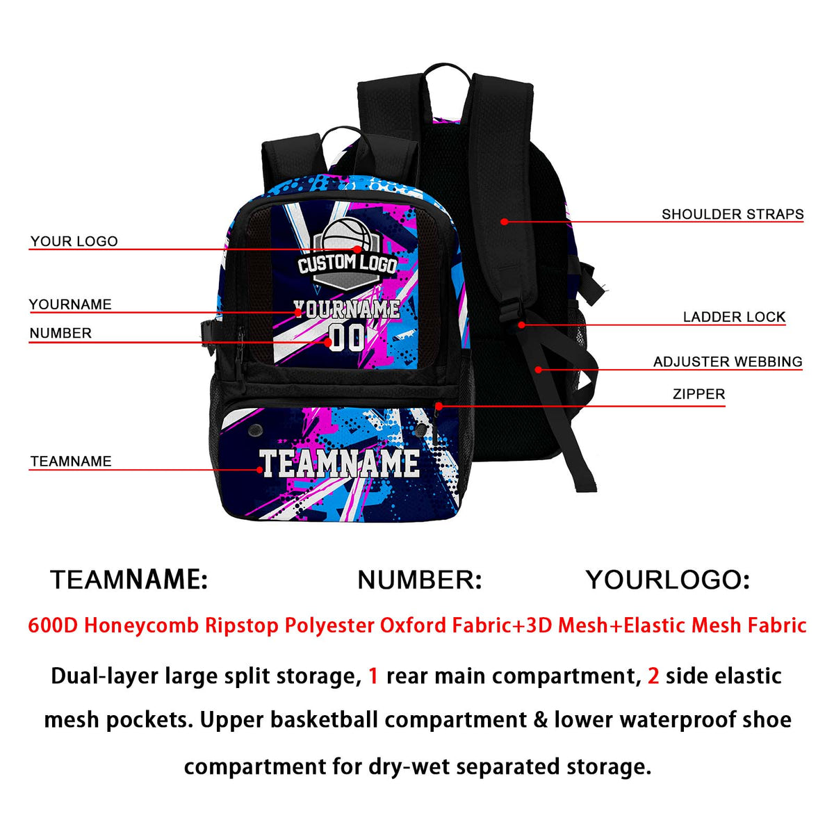 Custom Black Basketball Soccer Backpack Personalized Player Names - Numbers & Team Logo #150-BP-0914-0002