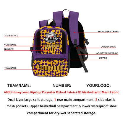 Custom Purple Bright Yellow Basketball Soccer Backpack Personalized Player Names Numbers Team Logo #BB-0919-0031