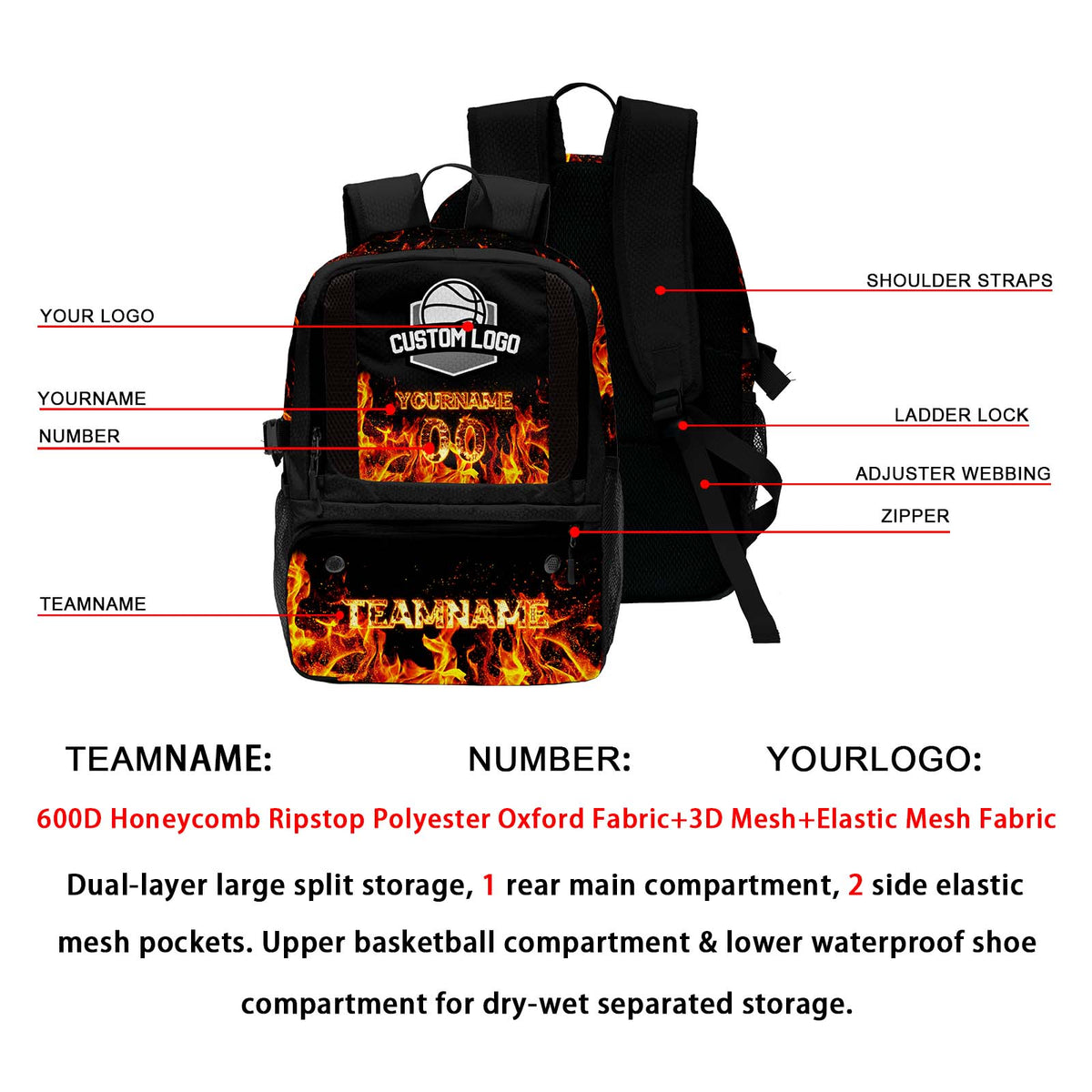 Custom Black Basketball Soccer Backpack Personalized Player Names - Numbers & Team Logo #150-BP-0914-0003