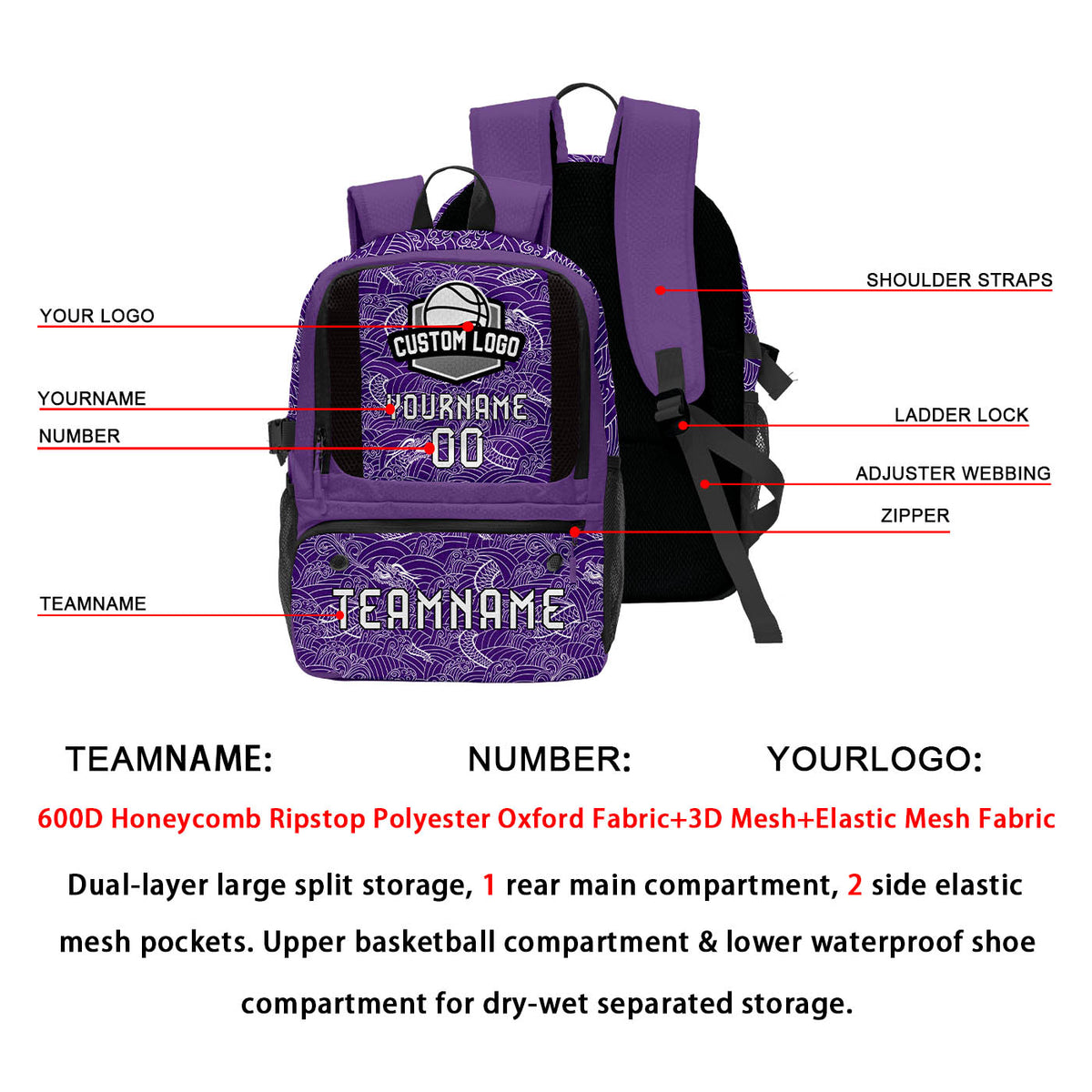 Custom Purple Black White Basketball Soccer Backpack Personalized Player Names Numbers Team Logo #BB-0919-0030