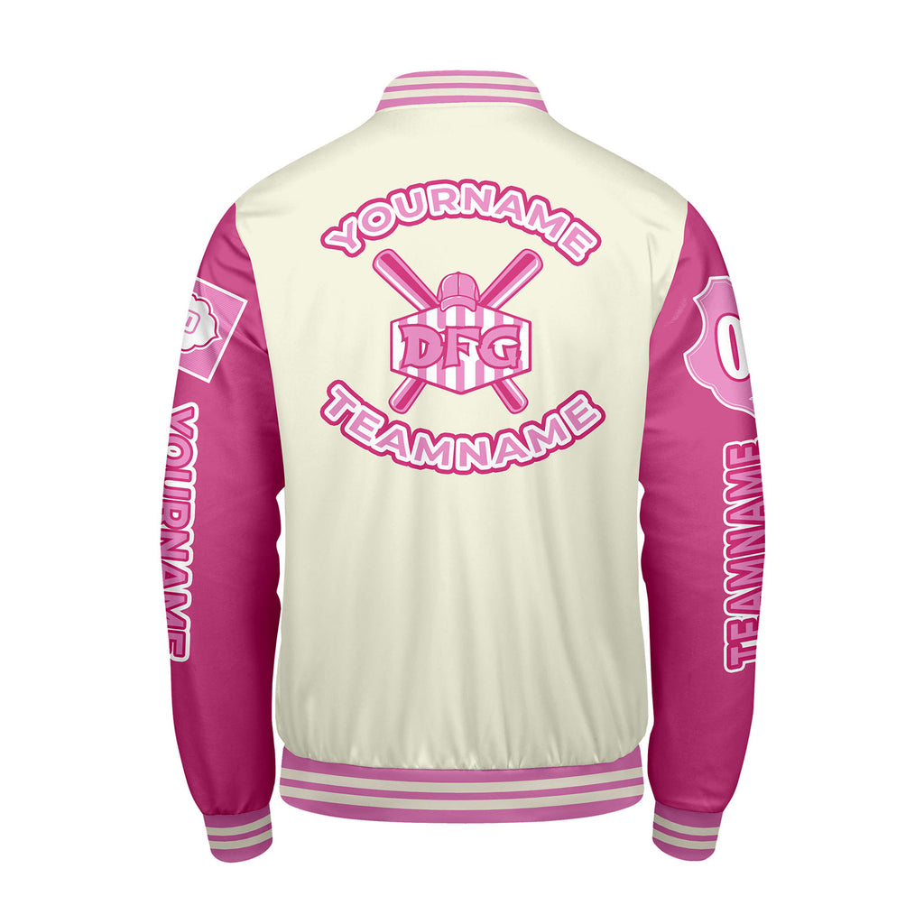 Custom White Pink Letterman Varsity Jacket Personalized Embroidery Printing