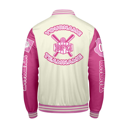 Custom White Pink Letterman Varsity Jacket Personalized Embroidery Printing