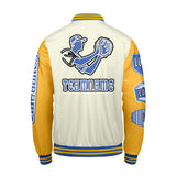 Custom White Yellow Letterman Varsity Jacket Personalized Embroidery Printing
