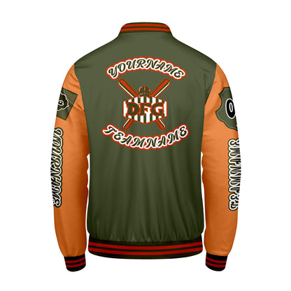 Custom Olive Green Orange Letterman Varsity Jacket Personalized Embroidery Printing