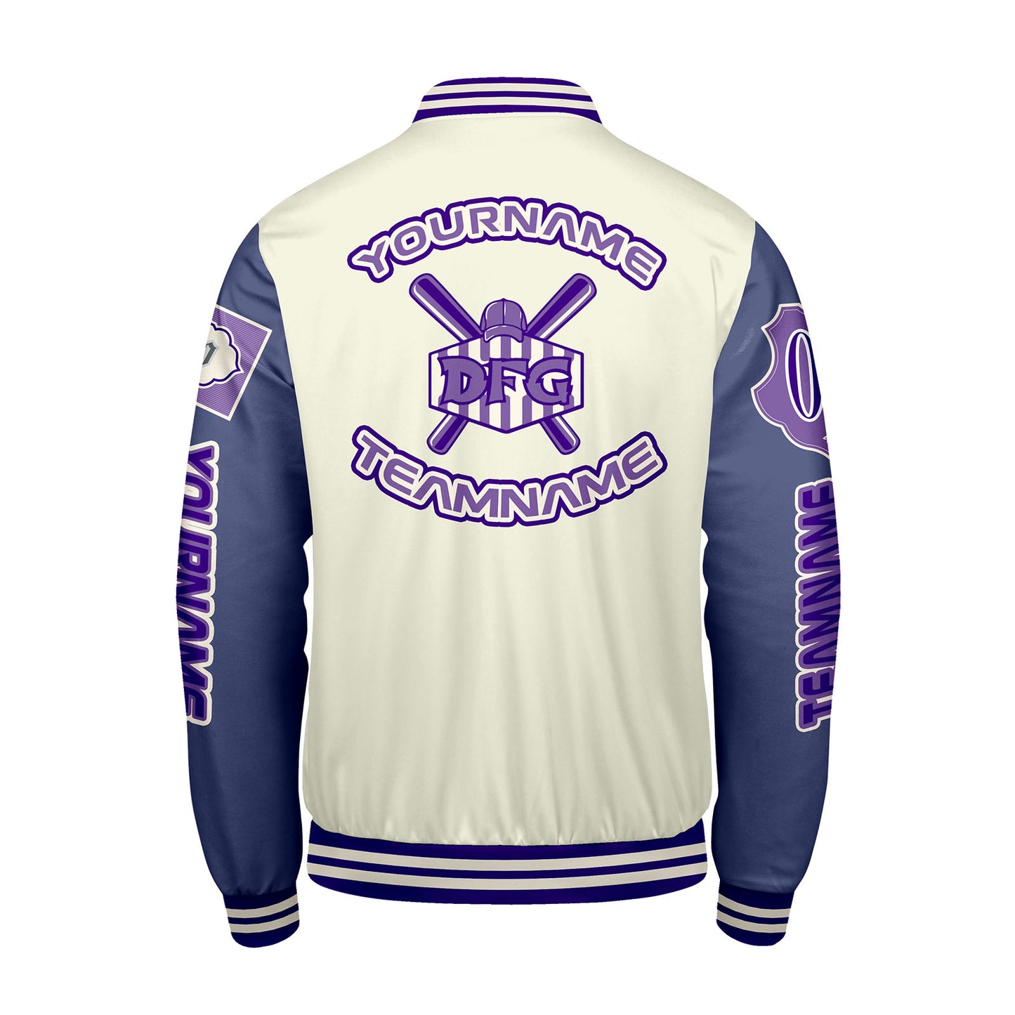 Custom White Purple Letterman Varsity Jacket Personalized Embroidery Printing
