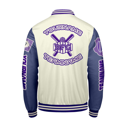 Custom White Purple Letterman Varsity Jacket Personalized Embroidery Printing