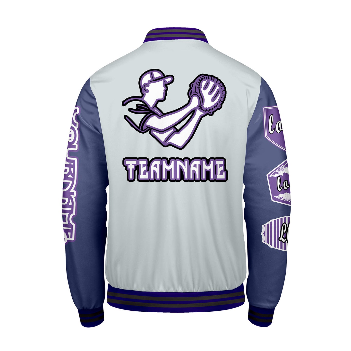 Custom Gray Purple Letterman Varsity Jacket Personalized Embroidery Printing