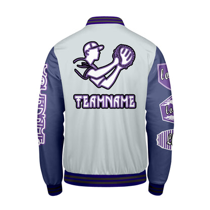 Custom Gray Purple Letterman Varsity Jacket Personalized Embroidery Printing