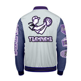 Custom Gray Purple Letterman Varsity Jacket Personalized Embroidery Printing