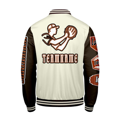 Custom White Brown Letterman Varsity Jacket Personalized Embroidery Printing