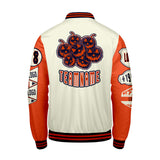 Custom White Bright Orange Letterman Varsity Jacket Personalized Embroidery Printing