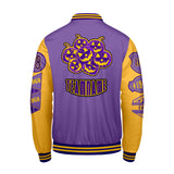 Custom Purple Yellow Letterman Varsity Jacket Personalized Embroidery Printing