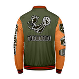 Custom Olive Green Orange Letterman Varsity Jacket Personalized Embroidery Printing