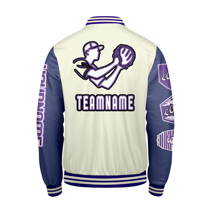 Custom White Purple Letterman Varsity Jacket Personalized Embroidery Printing