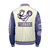 Custom White Purple Letterman Varsity Jacket Personalized Embroidery Printing