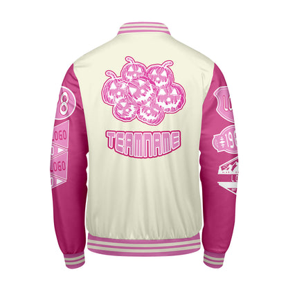 Custom White Pink Letterman Varsity Jacket Personalized Embroidery Printing