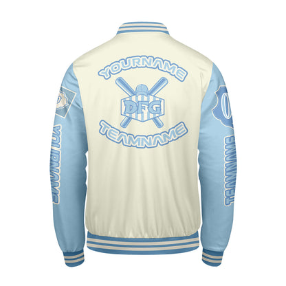 Custom White Blue Letterman Varsity Jacket Personalized Embroidery Printing