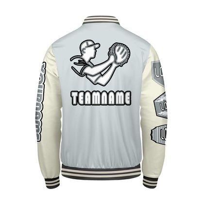 Custom Gray White Letterman Varsity Jacket Personalized Embroidery Printing