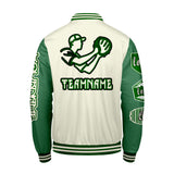 Custom White Grass Green Letterman Varsity Jacket Personalized Embroidery Printing