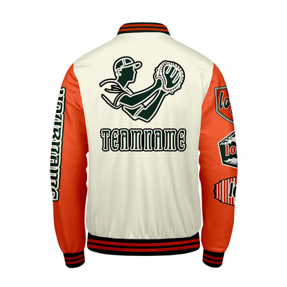 Custom White Bright Orange Letterman Varsity Jacket Personalized Embroidery Printing