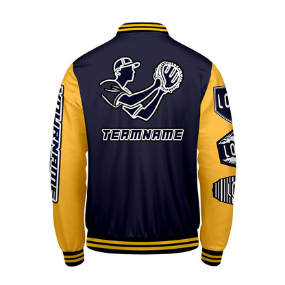 Custom Navy Yellow Letterman Varsity Jacket Personalized Embroidery Printing