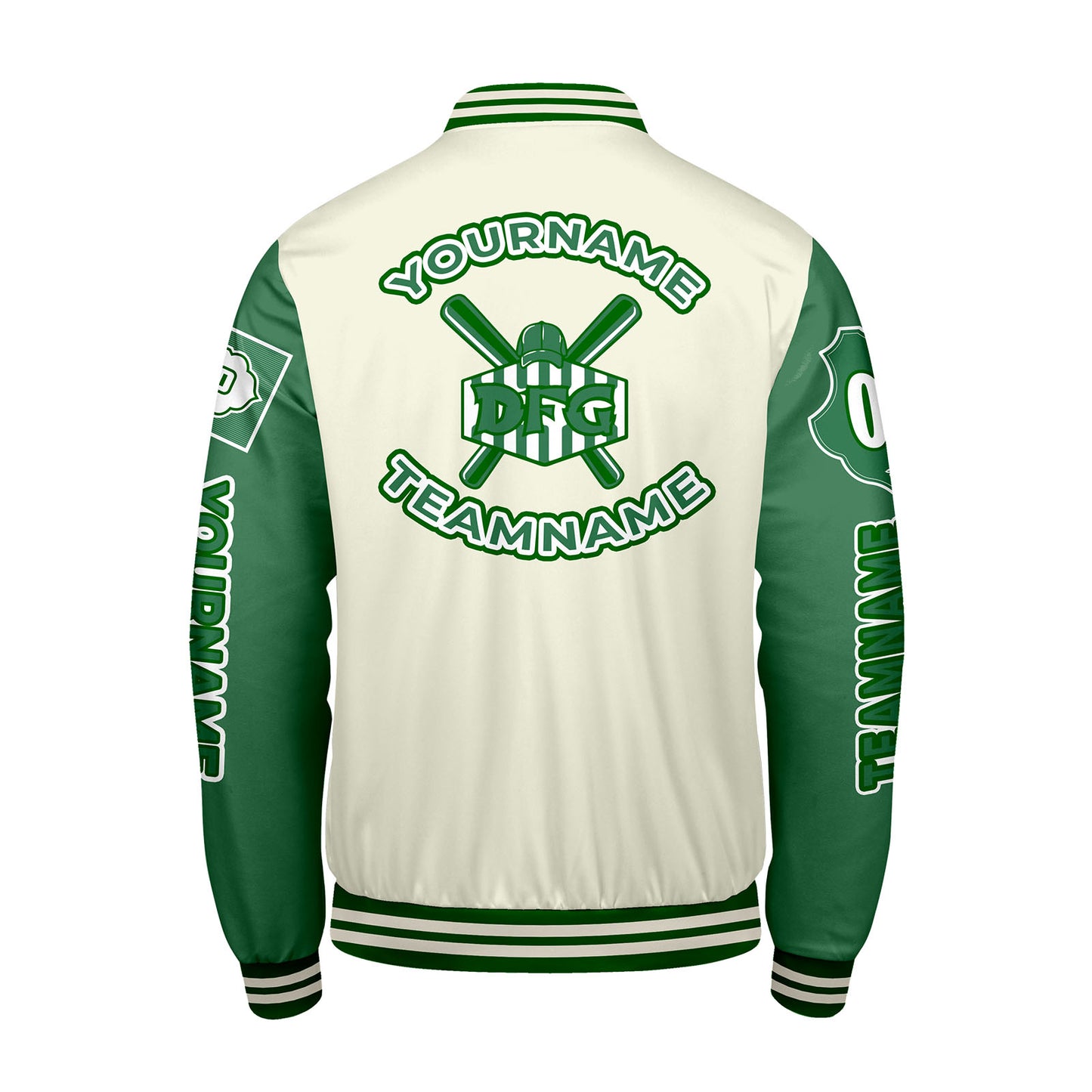 Custom White Green Letterman Varsity Jacket Personalized Embroidery Printing
