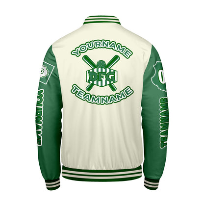 Custom White Green Letterman Varsity Jacket Personalized Embroidery Printing
