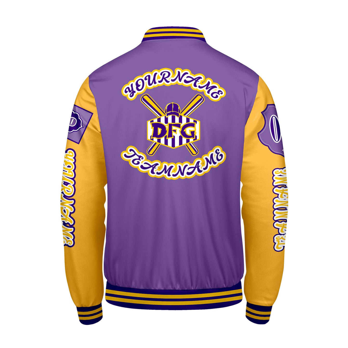 Custom Purple Yellow Letterman Varsity Jacket Personalized Embroidery Printing