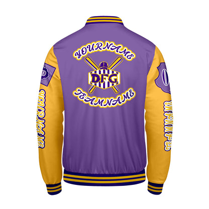 Custom Purple Yellow Letterman Varsity Jacket Personalized Embroidery Printing