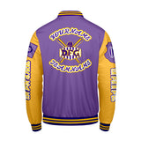 Custom Purple Yellow Letterman Varsity Jacket Personalized Embroidery Printing