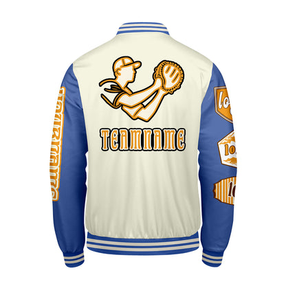 Custom White Bright Blue Letterman Varsity Jacket Personalized Embroidery Printing
