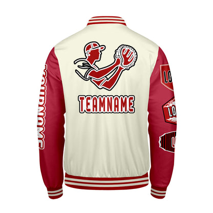 Custom White Bright Red Letterman Varsity Jacket Personalized Embroidery Printing
