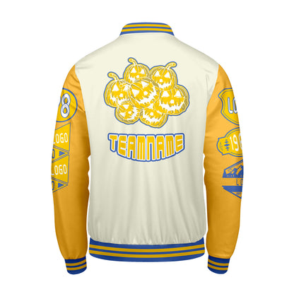 Custom White Yellow Letterman Varsity Jacket Personalized Embroidery Printing