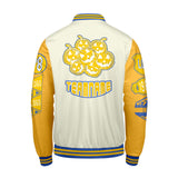 Custom White Yellow Letterman Varsity Jacket Personalized Embroidery Printing