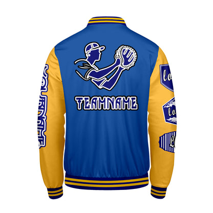Custom Blue Yellow Letterman Varsity Jacket Personalized Embroidery Printing