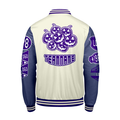 Custom White Purple Letterman Varsity Jacket Personalized Embroidery Printing