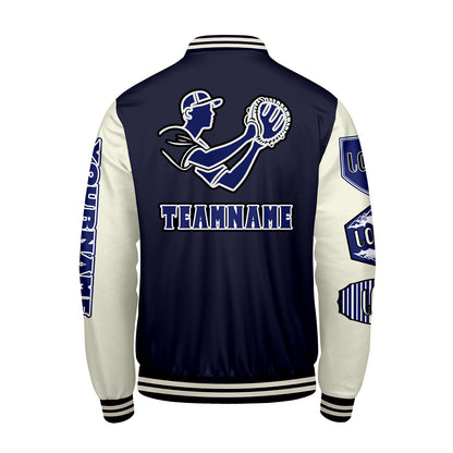 Custom Navy White Letterman Varsity Jacket Personalized Embroidery Printing