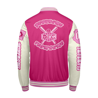 Custom Pink White Letterman Varsity Jacket Personalized Embroidery Printing