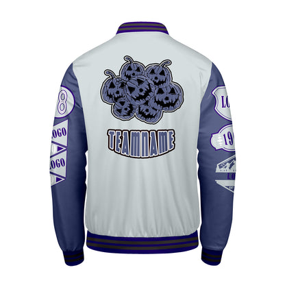 Custom Gray Purple Letterman Varsity Jacket Personalized Embroidery Printing