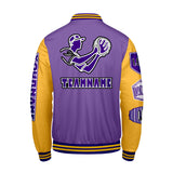 Custom Purple Yellow Letterman Varsity Jacket Personalized Embroidery Printing