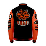 Custom Black Bright Orange Letterman Varsity Jacket Personalized Embroidery Printing