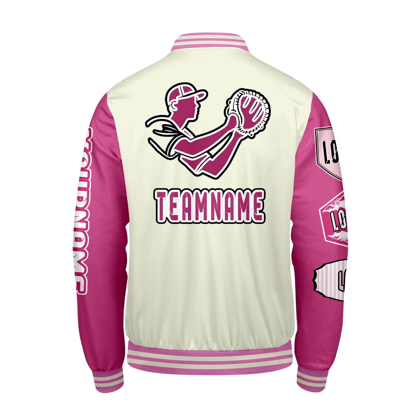 Custom White Pink Letterman Varsity Jacket Personalized Embroidery Printing