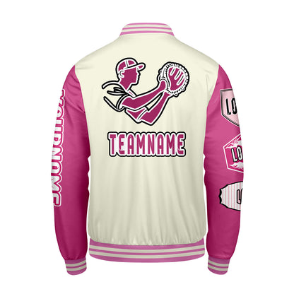Custom White Pink Letterman Varsity Jacket Personalized Embroidery Printing