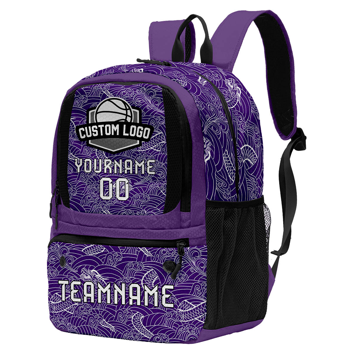 Custom Purple Black White Basketball Soccer Backpack Personalized Player Names Numbers Team Logo #BB-0919-0030