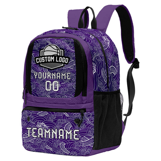 Custom Purple Black White Basketball Soccer Backpack Personalized Player Names Numbers Team Logo #BB-0919-0030