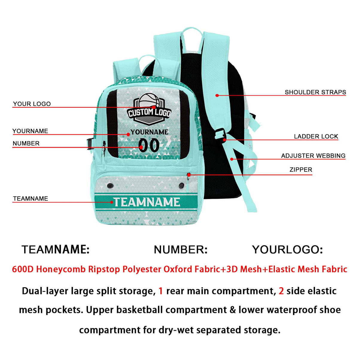 Custom Blue Green Basketball Soccer Backpack Personalized Player Names - Numbers & Team Logo #150-BP-0914-0009