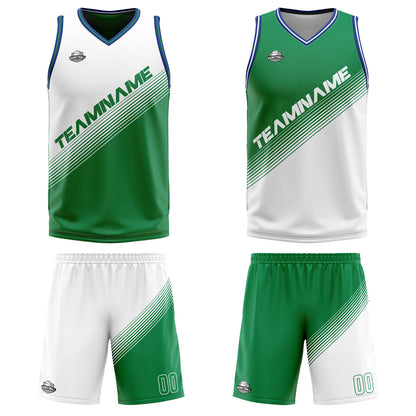 Custom White Green Reversible Basketball Suit for Adults and Kids Personalized Jersey