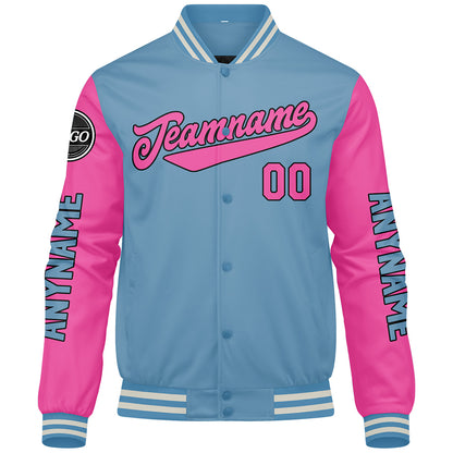 Custom Light Blue Pink Varsity Jackets for Men Women Youth Personalized Letterman Jackets